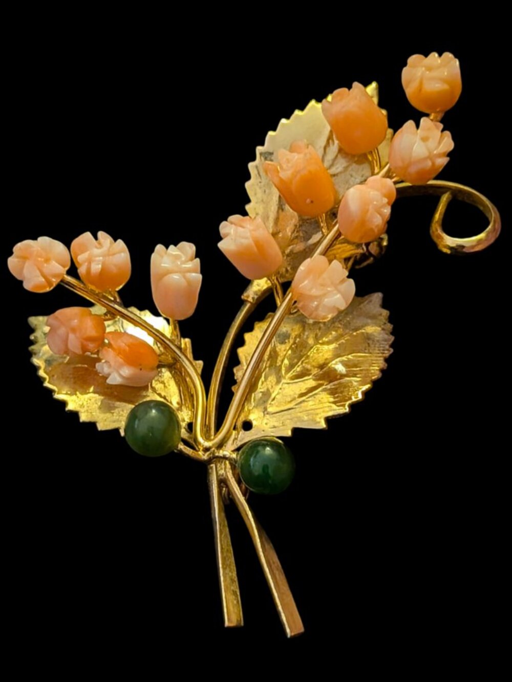 Vintage Carved Pink Coral Roses Jade Gold Plated Flower Bouquet 2.25 x 2" Pin